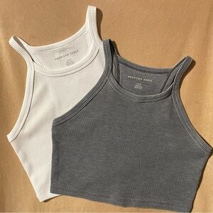 American Eagle Outfitters Women’s Grey and White Crop Tank Top Vest Racerback AE